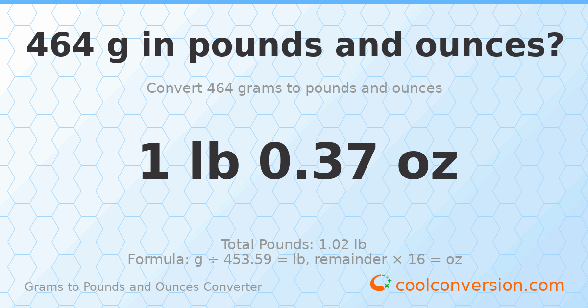 464 g to lb and oz — 464 g = 1 lb 0.37 oz