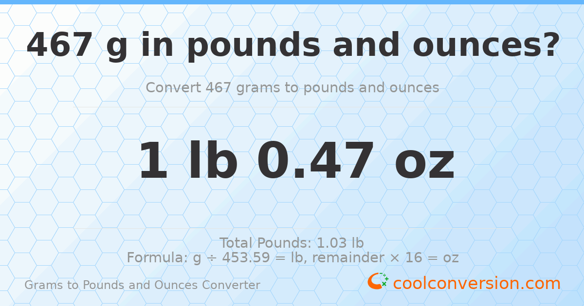 467 g to lb and oz — 467 g = 1 lb 0.47 oz