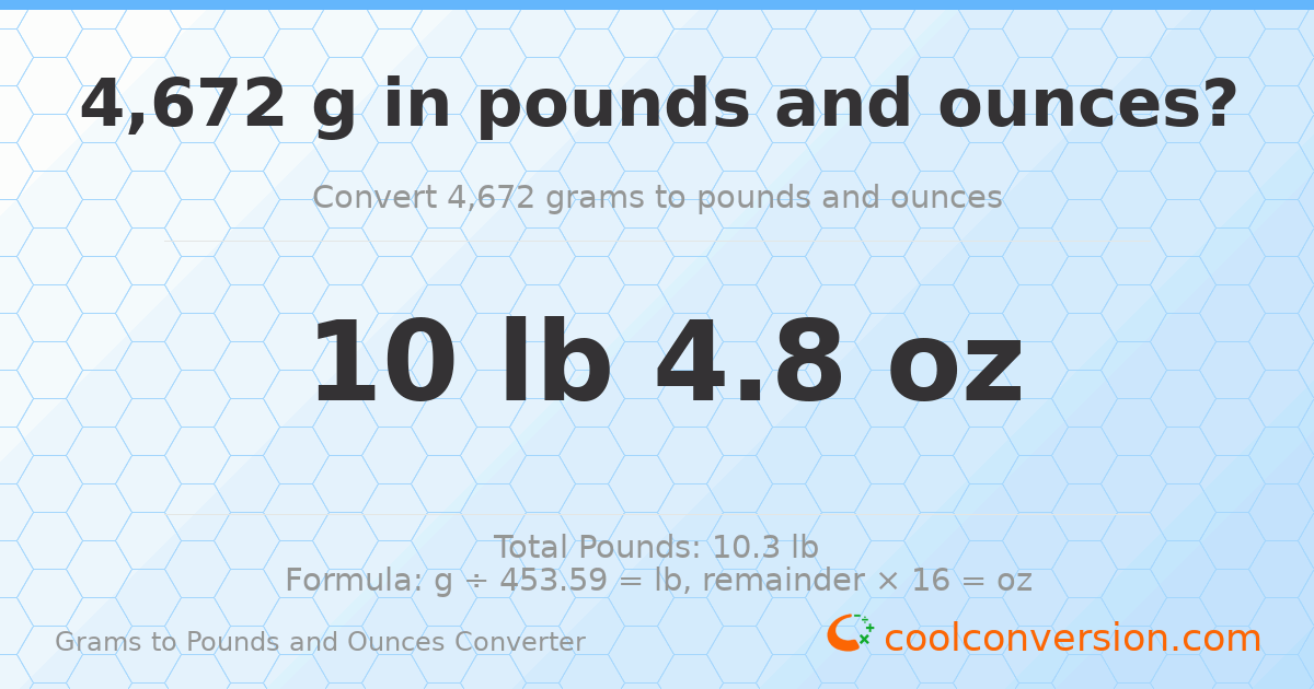 4672 g to lb and oz — 4672 g = 10 lb 4.8 oz