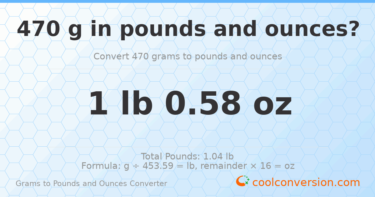 470 g to lb and oz — 470 g = 1 lb 0.58 oz