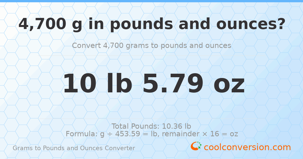4700 g to lb and oz — 4700 g = 10 lb 5.79 oz