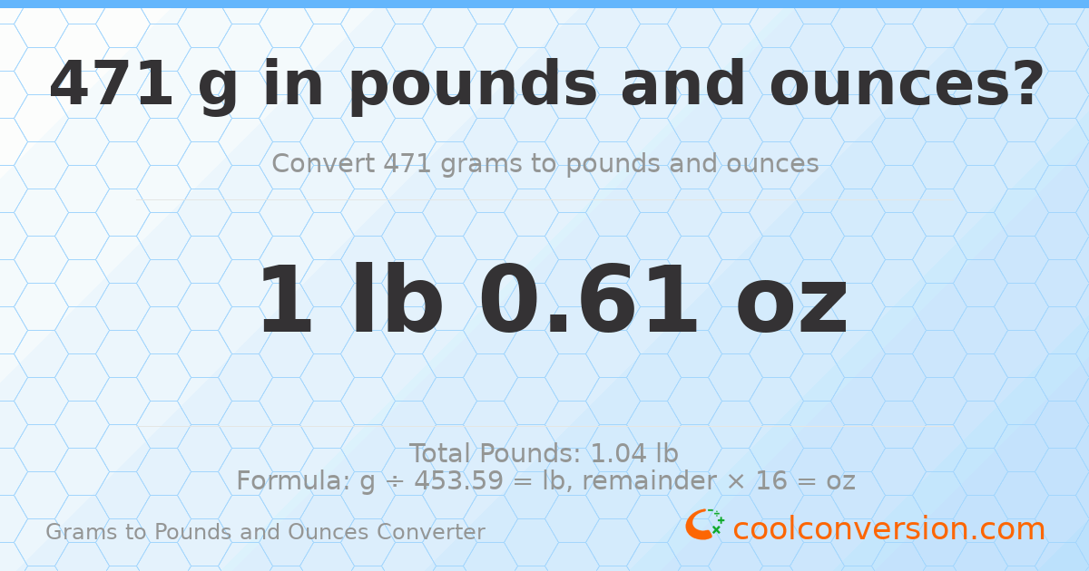 471 g to lb and oz — 471 g = 1 lb 0.61 oz