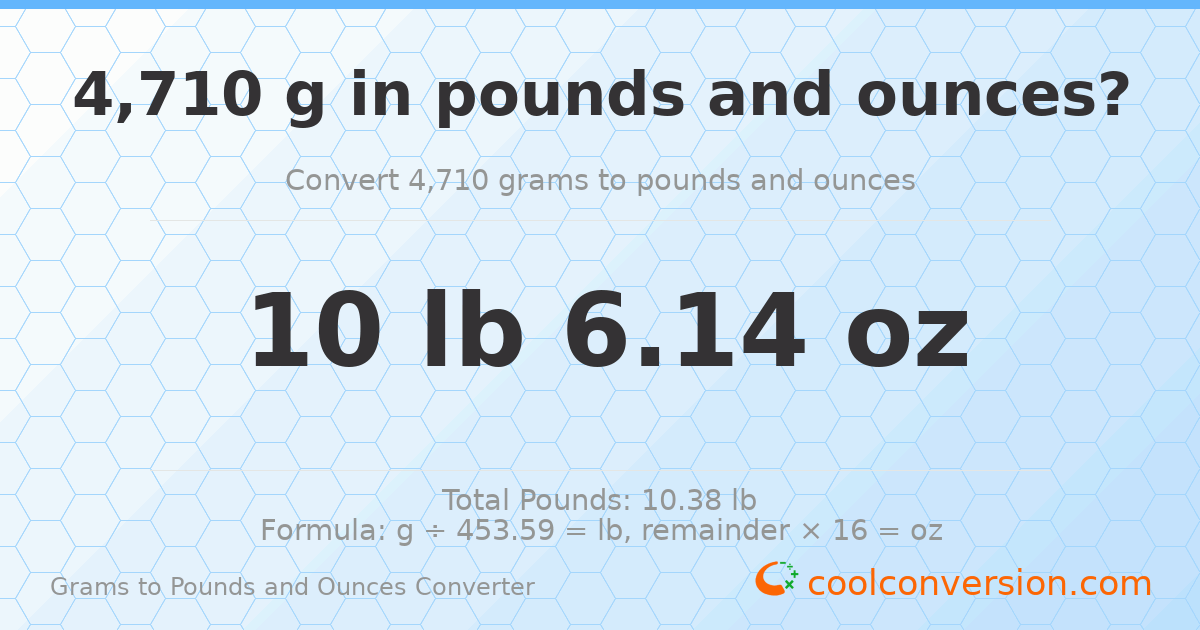 4710 g to lb and oz — 4710 g = 10 lb 6.14 oz