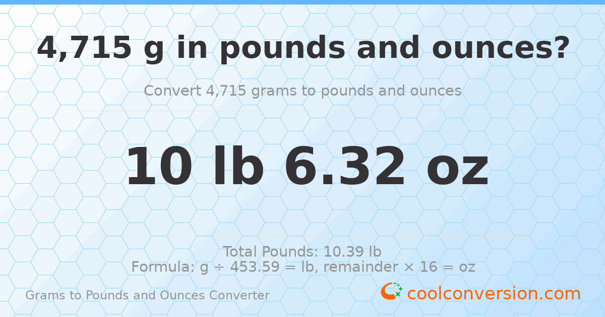4715 g to lb and oz — 4715 g = 10 lb 6.32 oz