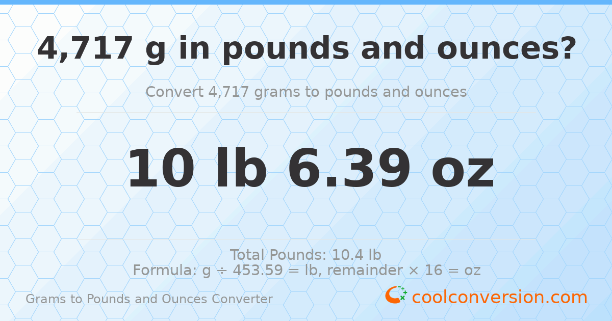 4717 g to lb and oz — 4717 g = 10 lb 6.39 oz