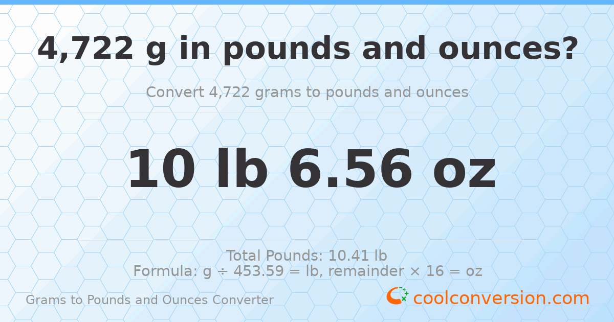 4722 g to lb and oz — 4722 g = 10 lb 6.56 oz