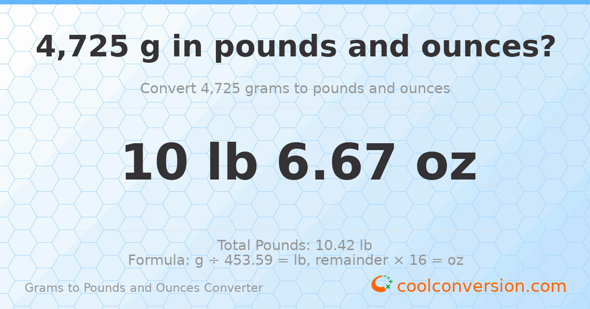 4725 g to lb and oz — 4725 g = 10 lb 6.67 oz
