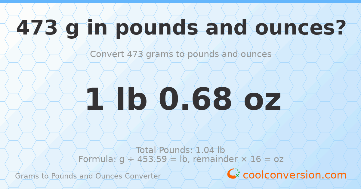 473 g to lb and oz — 473 g = 1 lb 0.68 oz
