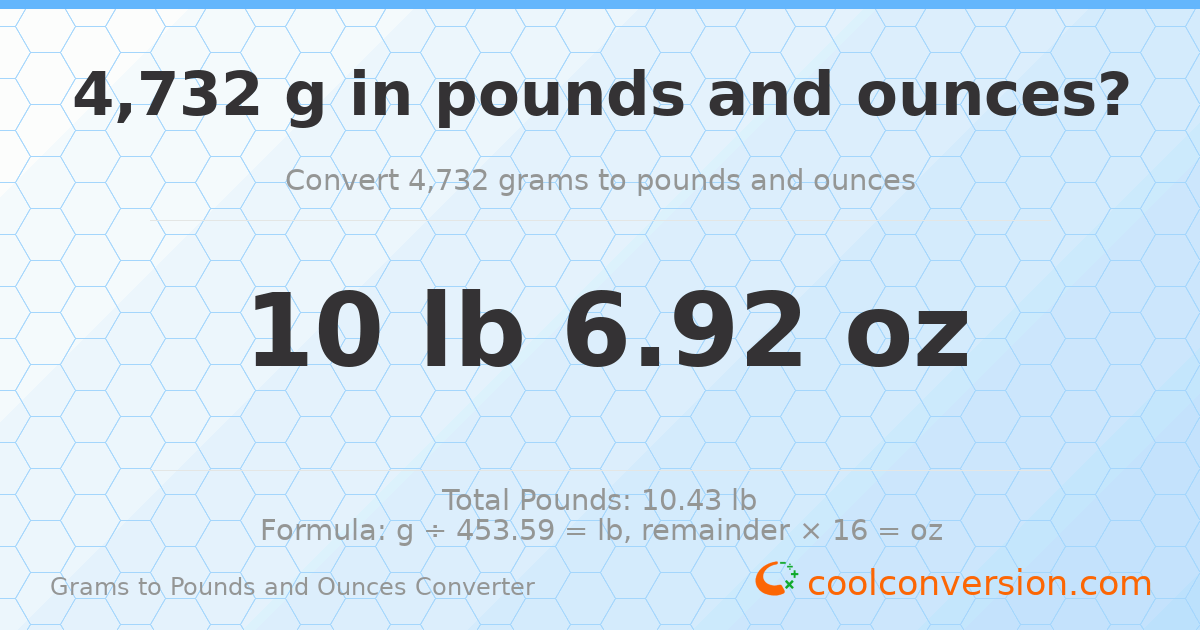 4732 g to lb and oz — 4732 g = 10 lb 6.92 oz