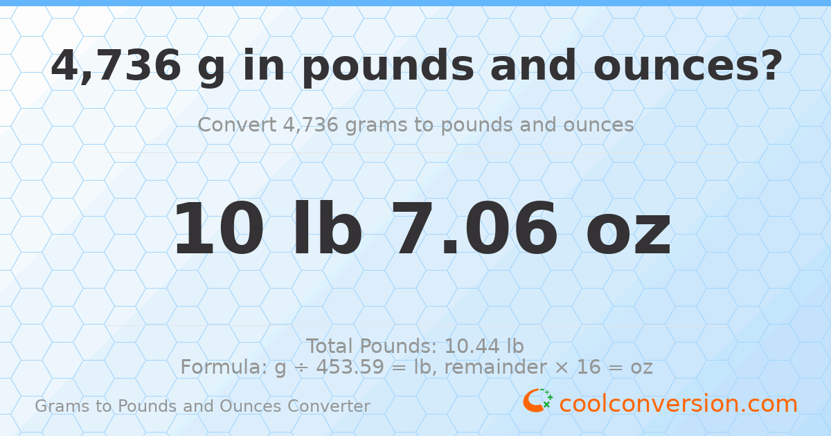 4736 g to lb and oz — 4736 g = 10 lb 7.06 oz