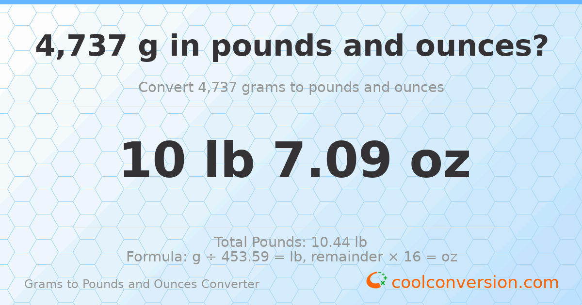 4737 g to lb and oz — 4737 g = 10 lb 7.09 oz