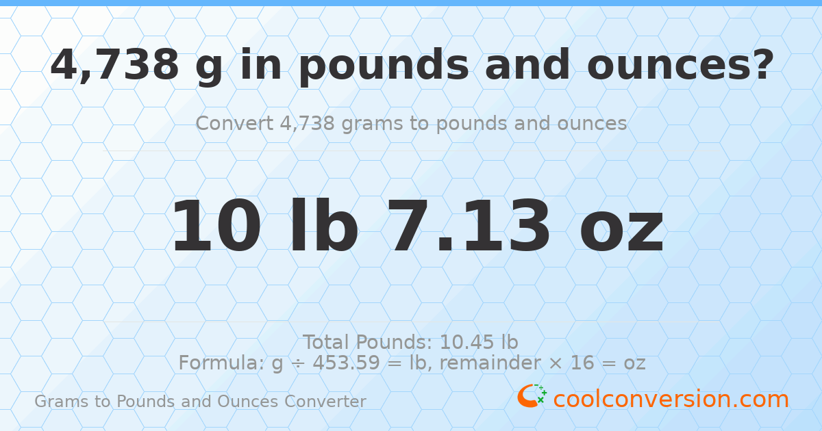 4738 g to lb and oz — 4738 g = 10 lb 7.13 oz