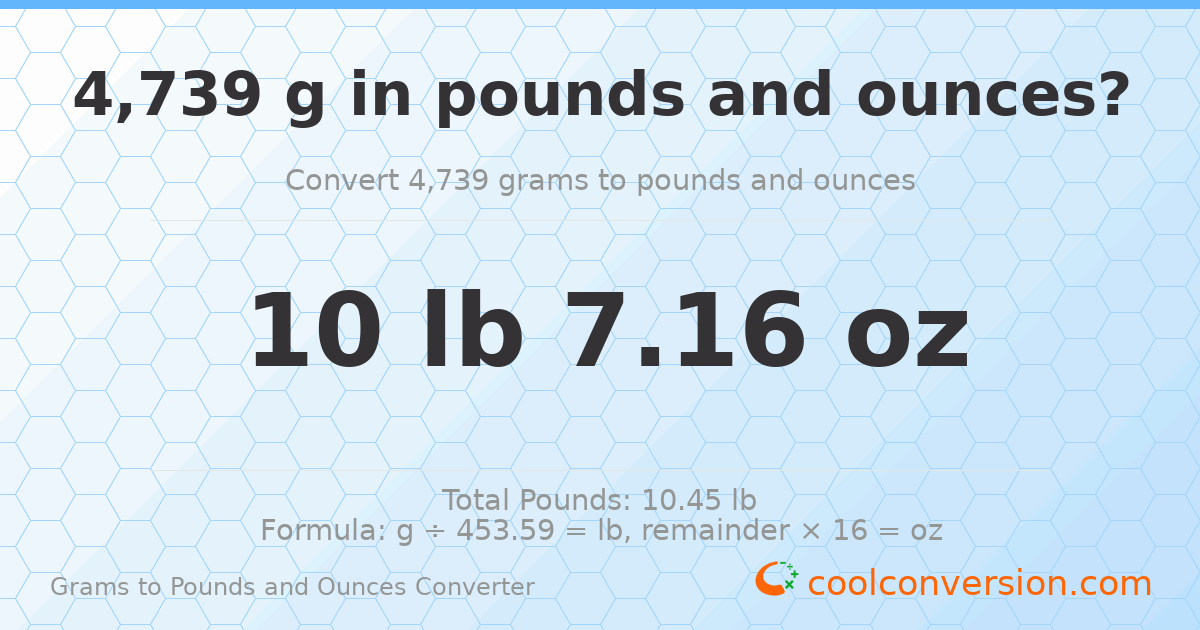 4739 g to lb and oz — 4739 g = 10 lb 7.16 oz