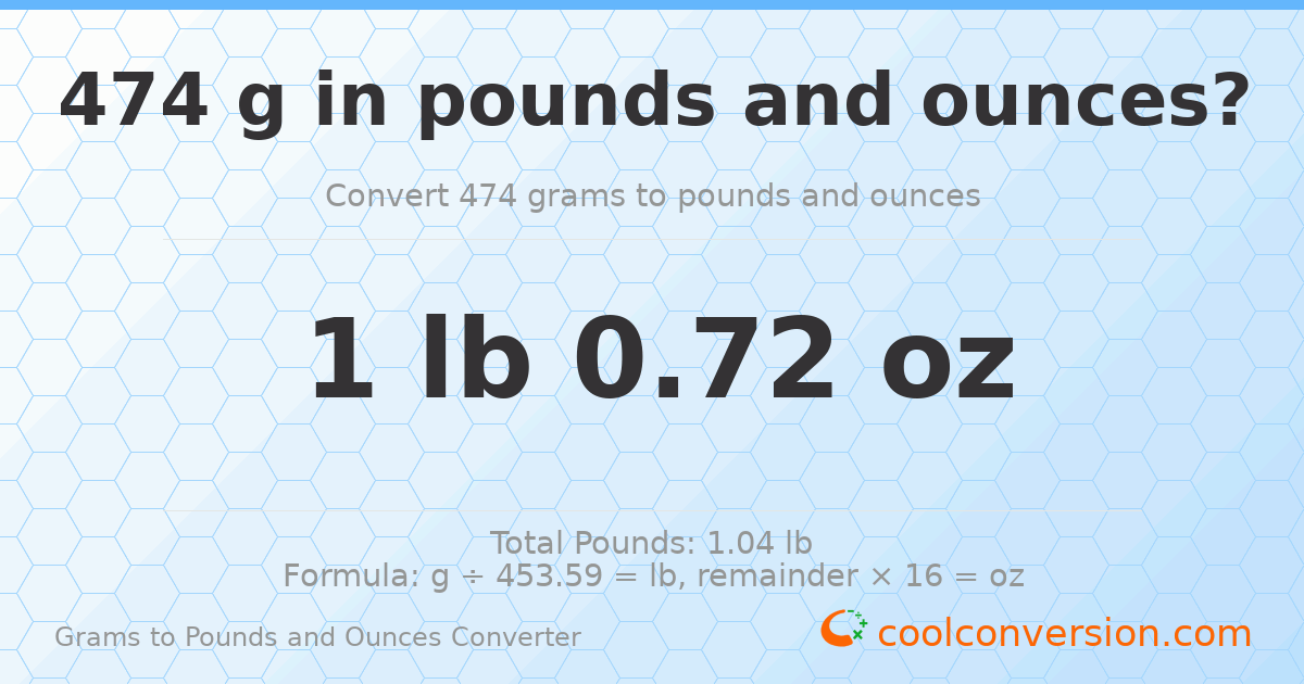 474 g to lb and oz — 474 g = 1 lb 0.72 oz