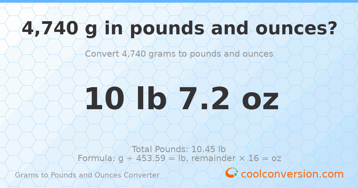 4740 g to lb and oz — 4740 g = 10 lb 7.2 oz
