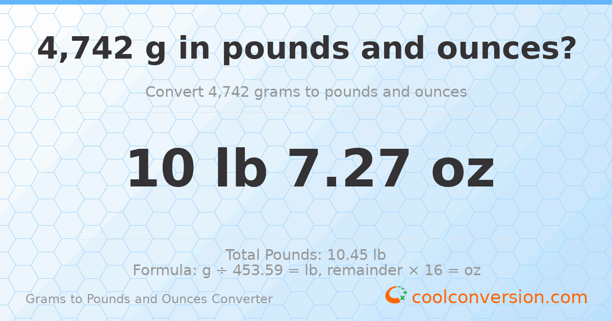 4742 g to lb and oz — 4742 g = 10 lb 7.27 oz