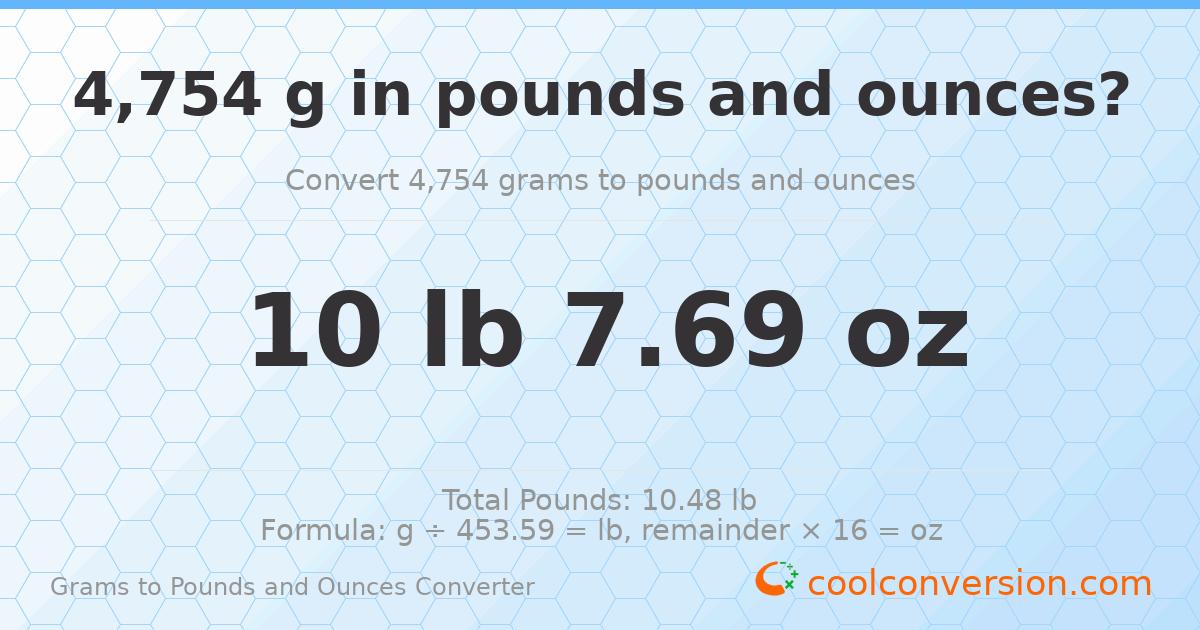 4754 g to lb and oz — 4754 g = 10 lb 7.69 oz