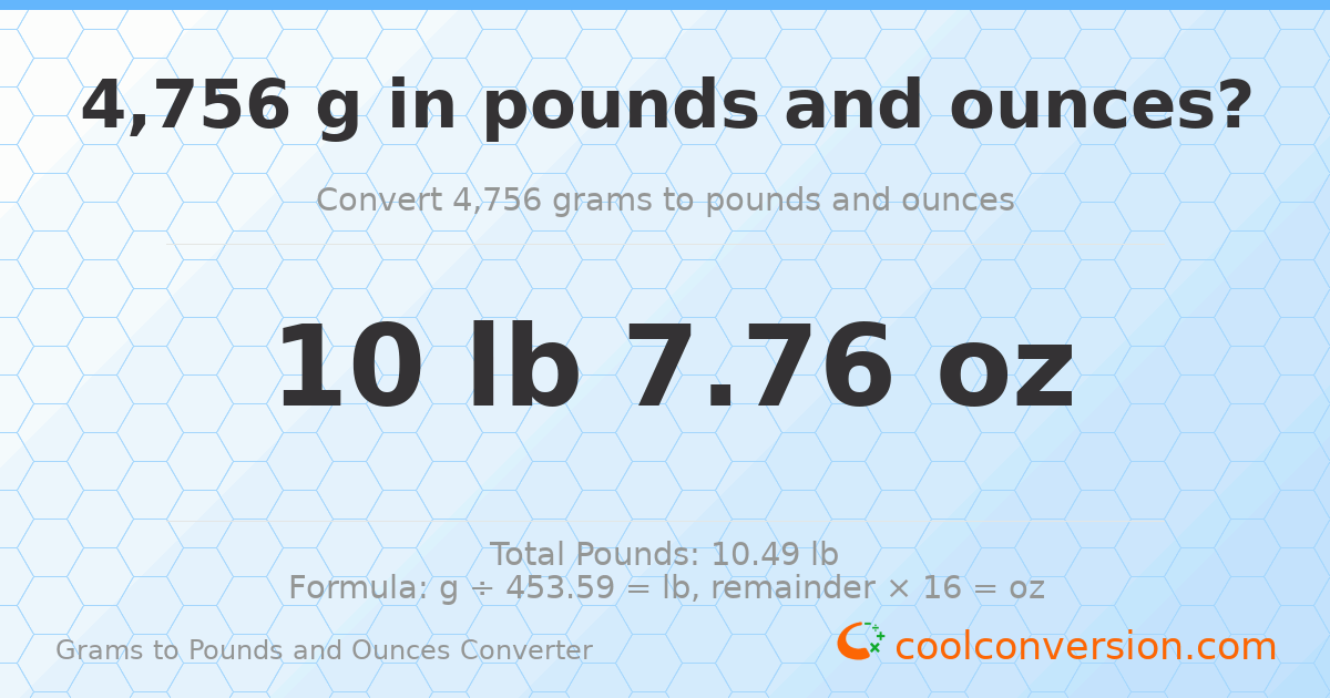 4756 g to lb and oz — 4756 g = 10 lb 7.76 oz