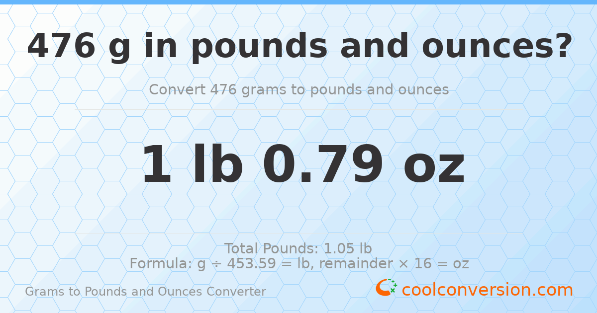 476 g to lb and oz — 476 g = 1 lb 0.79 oz