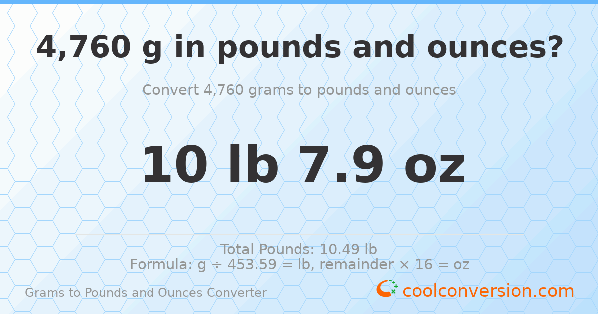 4760 g to lb and oz — 4760 g = 10 lb 7.9 oz