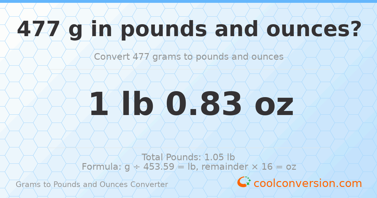 477 g to lb and oz — 477 g = 1 lb 0.83 oz