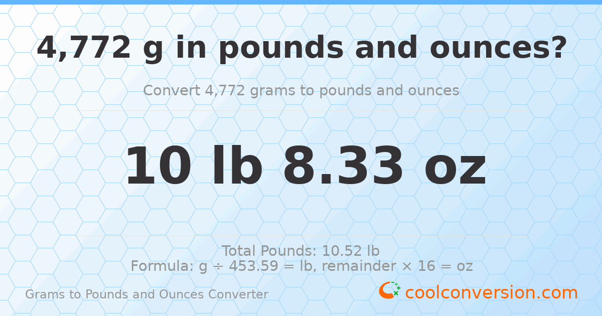 4772 g to lb and oz — 4772 g = 10 lb 8.33 oz