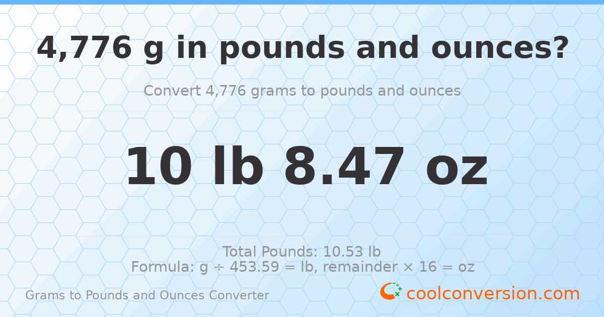 4776 g to lb and oz — 4776 g = 10 lb 8.47 oz