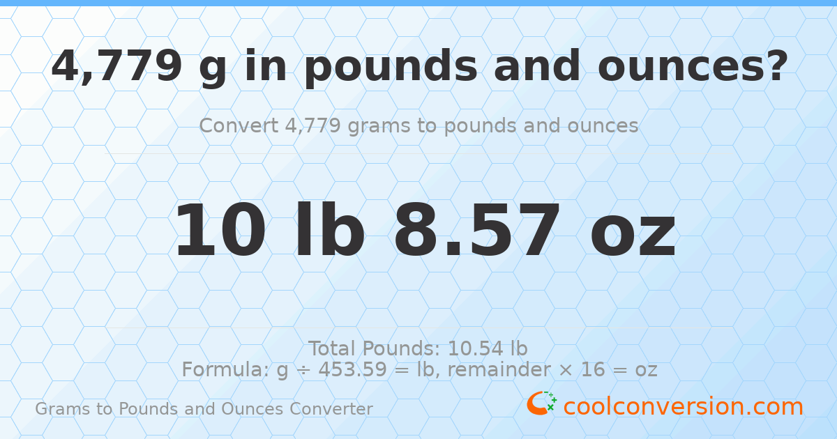 4779 g to lb and oz — 4779 g = 10 lb 8.57 oz