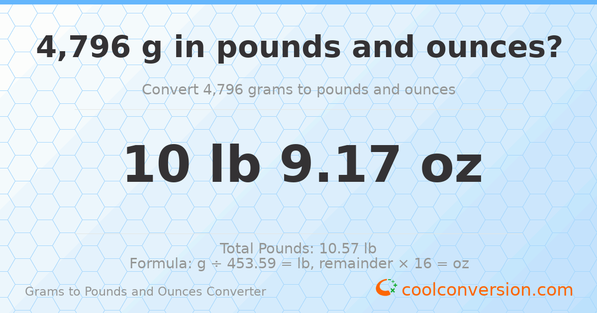 4796 g to lb and oz — 4796 g = 10 lb 9.17 oz