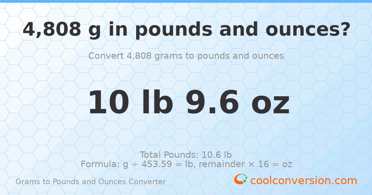 4808 g to lb and oz — 4808 g = 10 lb 9.6 oz
