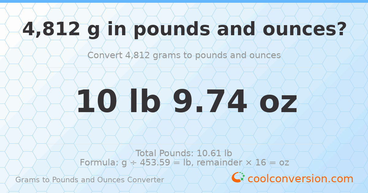 4812 g to lb and oz — 4812 g = 10 lb 9.74 oz