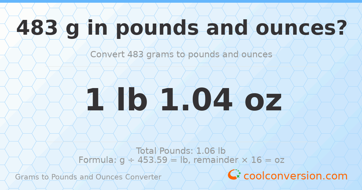 483 g to lb and oz — 483 g = 1 lb 1.04 oz