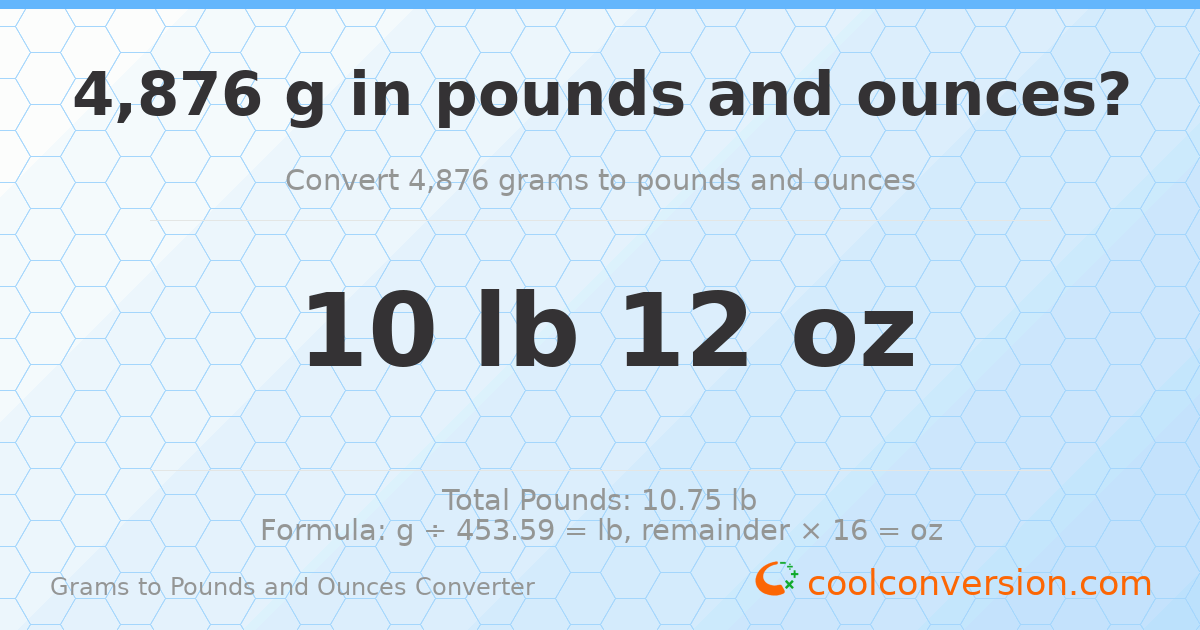 4876 g to lb and oz — 4876 g = 10 lb 12 oz