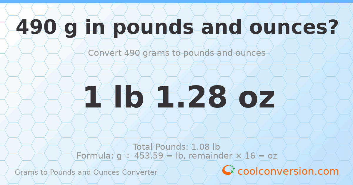 490 g to lb and oz — 490 g = 1 lb 1.28 oz