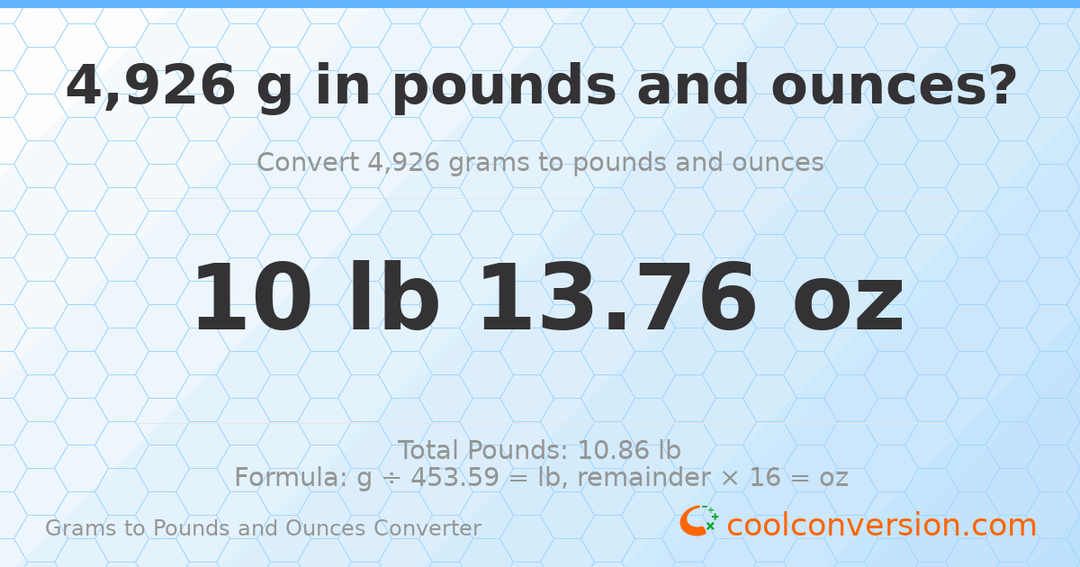 4926 g to lb and oz — 4926 g = 10 lb 13.76 oz