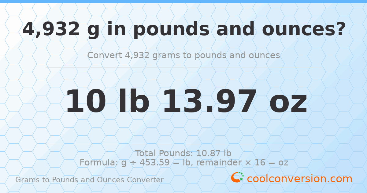 4932 g to lb and oz — 4932 g = 10 lb 13.97 oz