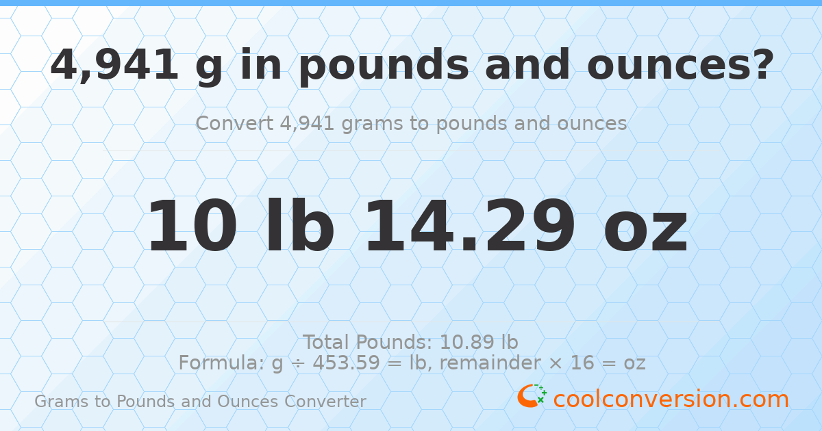 4941 g to lb and oz — 4941 g = 10 lb 14.29 oz
