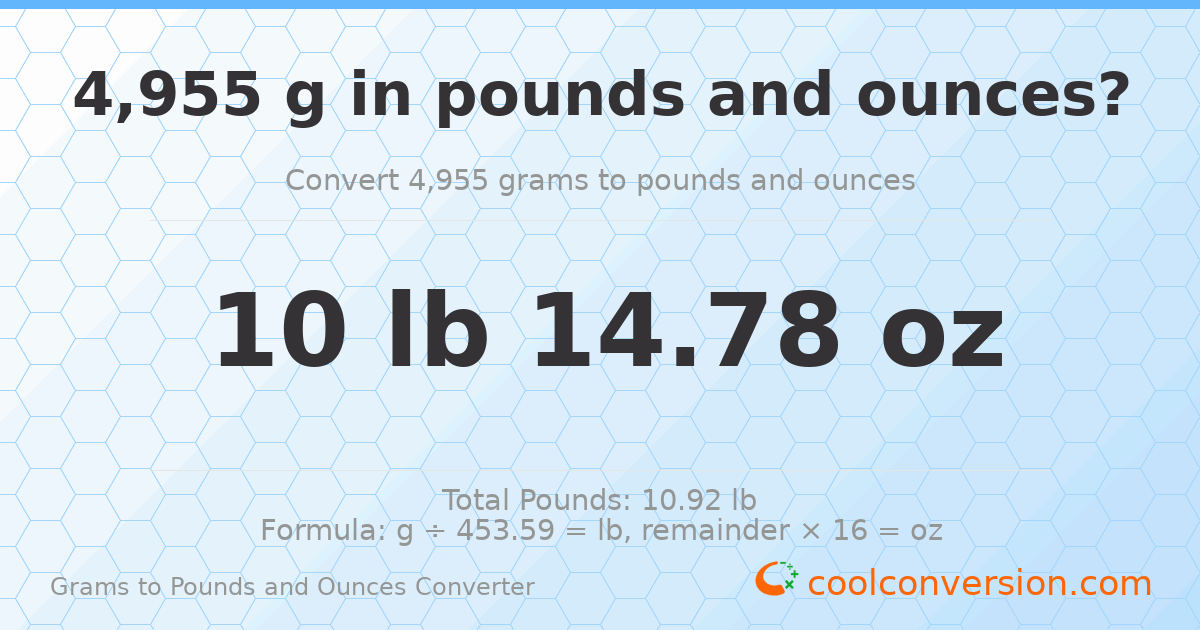 4955 g to lb and oz — 4955 g = 10 lb 14.78 oz