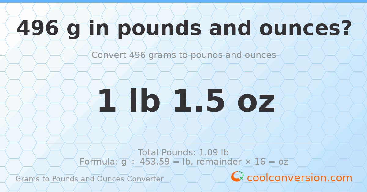 496 g to lb and oz — 496 g = 1 lb 1.5 oz
