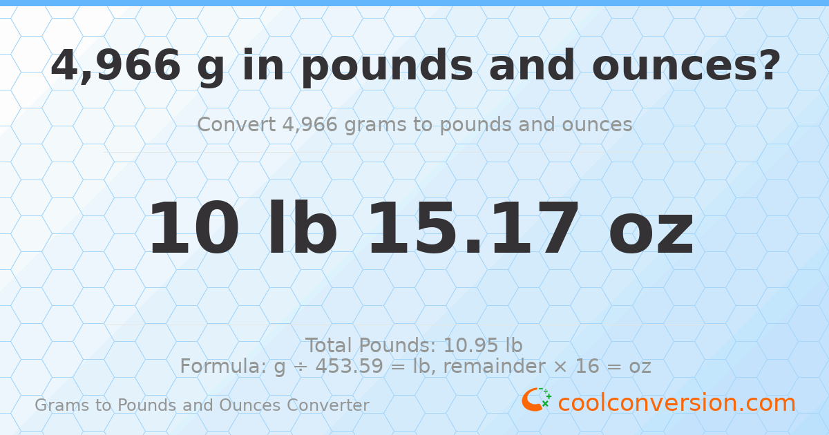 4966 g to lb and oz — 4966 g = 10 lb 15.17 oz
