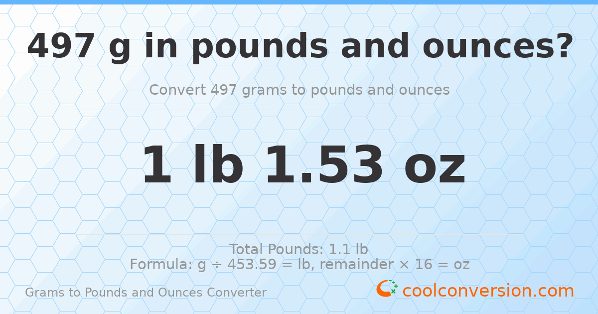 497 g to lb and oz — 497 g = 1 lb 1.53 oz