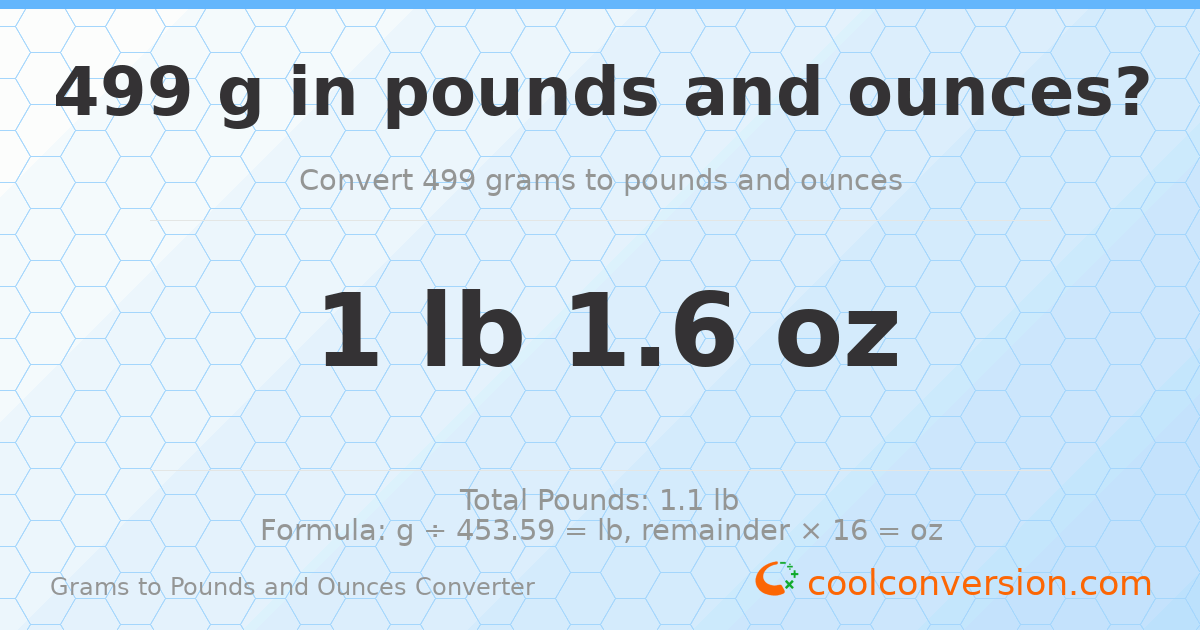 499 g to lb and oz — 499 g = 1 lb 1.6 oz
