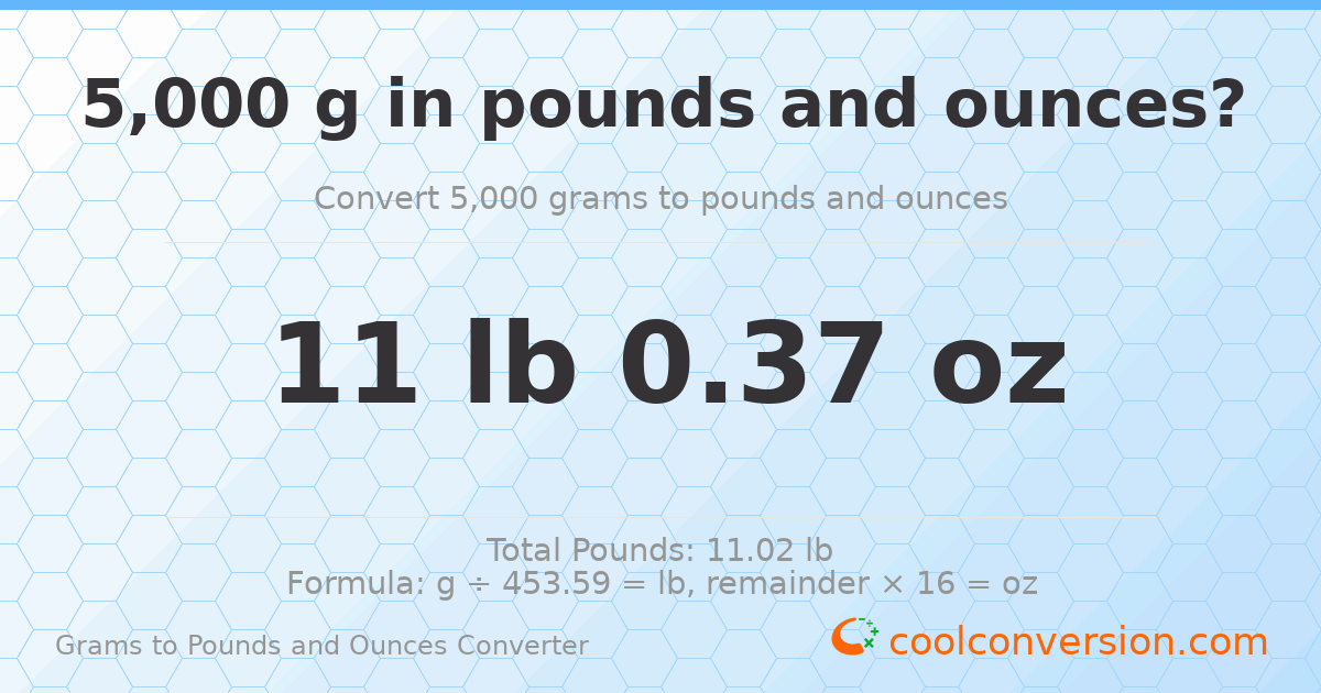 5000 g to lb and oz — 5000 g = 11 lb 0.37 oz