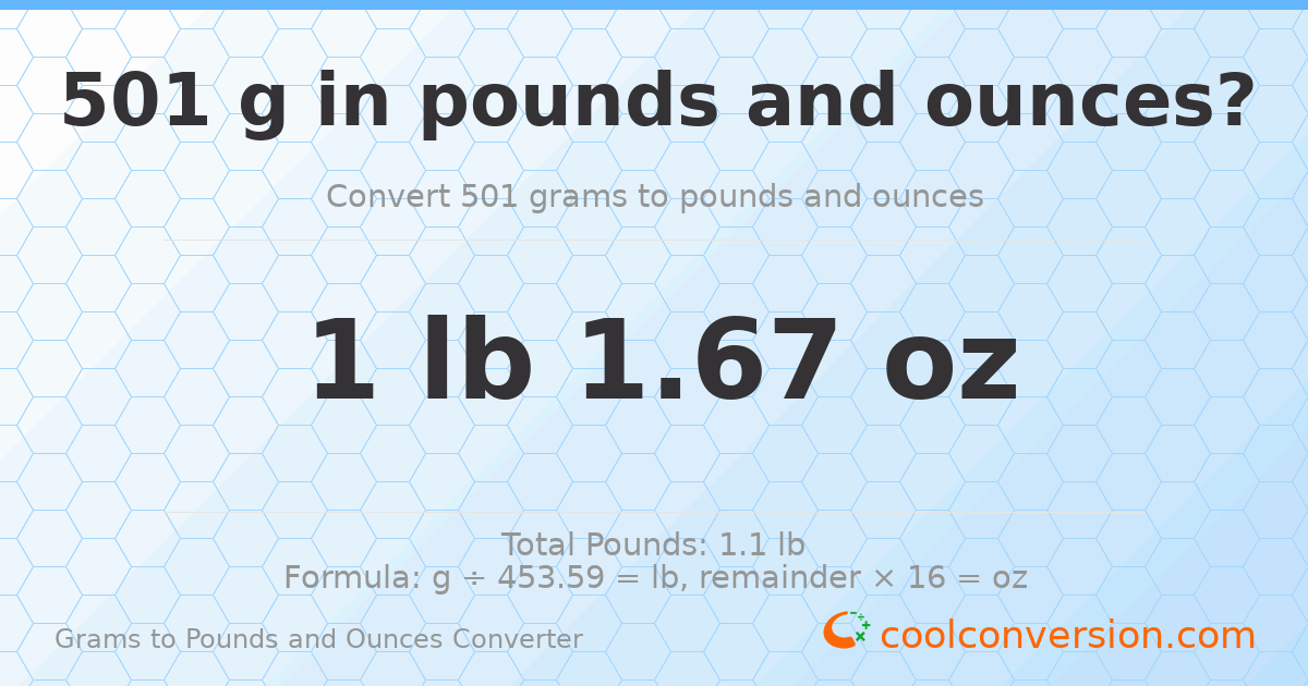 501 g to lb and oz — 501 g = 1 lb 1.67 oz