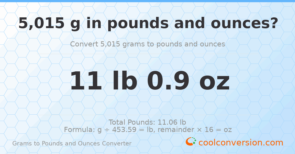 5015 g to lb and oz — 5015 g = 11 lb 0.9 oz