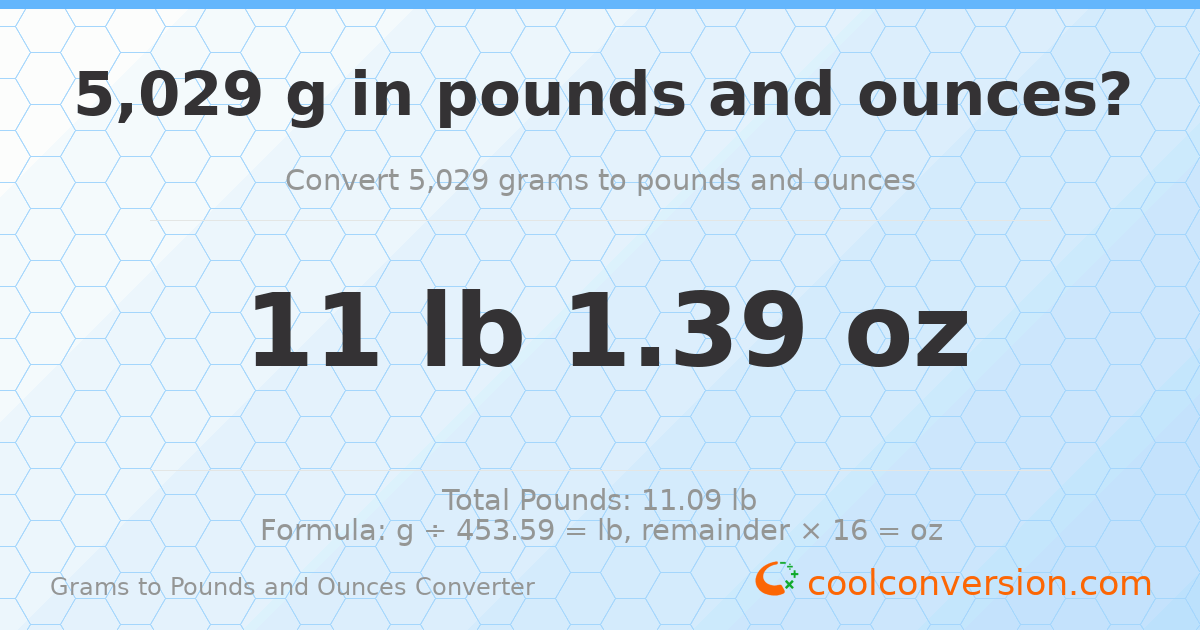 5029 g to lb and oz — 5029 g = 11 lb 1.39 oz