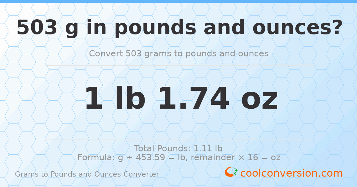 503 g to lb and oz — 503 g = 1 lb 1.74 oz