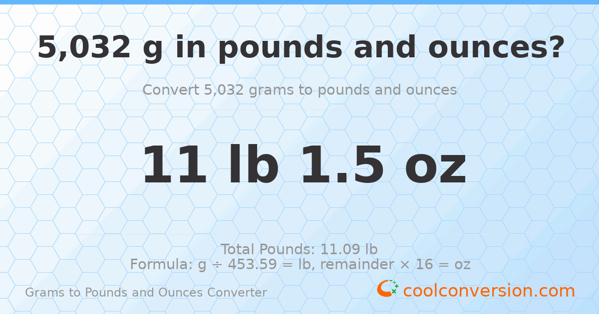 5032 g to lb and oz — 5032 g = 11 lb 1.5 oz