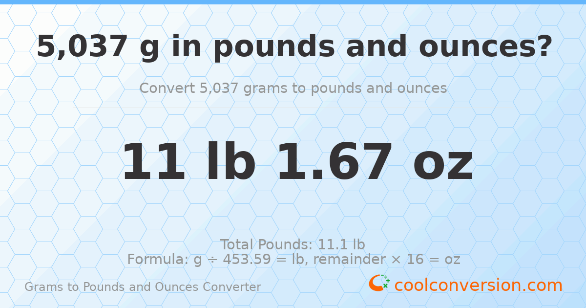 5037 g to lb and oz — 5037 g = 11 lb 1.67 oz