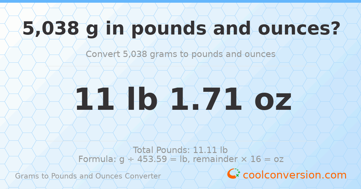 5038 g to lb and oz — 5038 g = 11 lb 1.71 oz